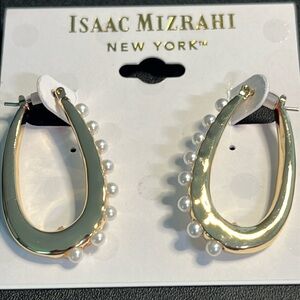 ISAAC MIZRAHI GOLD TONE PEARL ACCENT OVAL HOOP EARRINGS NEW ON CARD